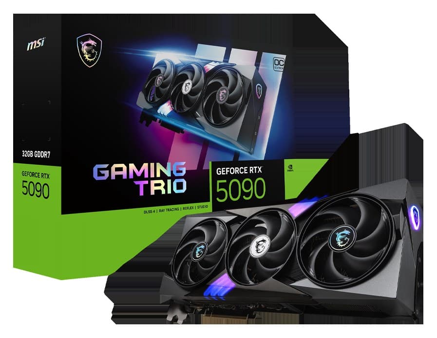 MSI GeForce RTX 5090 32G Gaming Trio OC, oficiální snímek karty a krabice